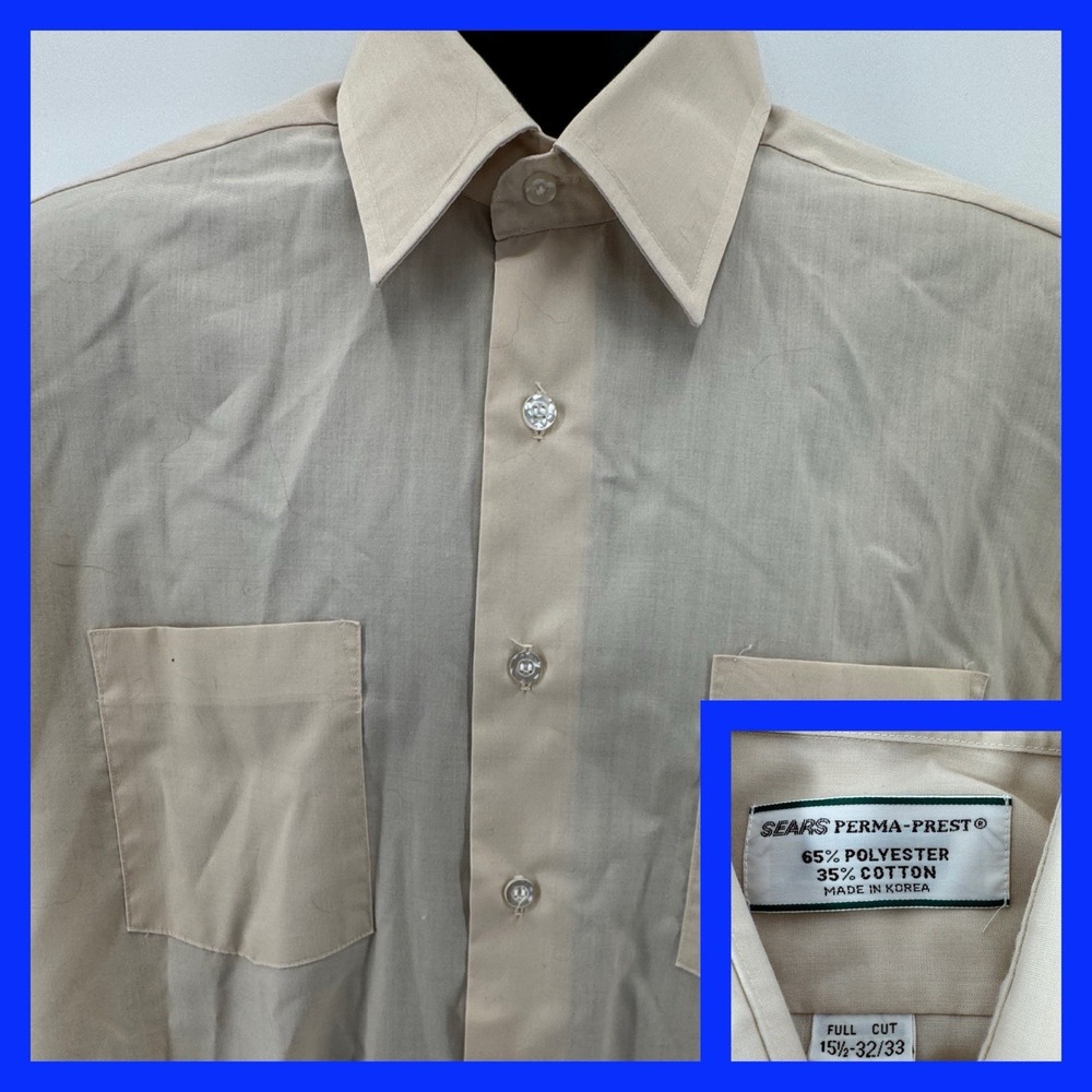 Sears Perma-Prest Dress Shirt Mens 15.5-32/33 Tan Vintage‎ 70s Full Cut Retro